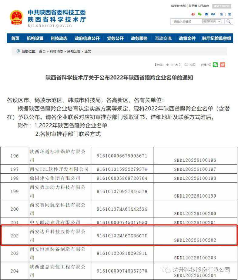 经开区企业快讯 | 达升科技荣登陕西省瞪羚企业榜单！